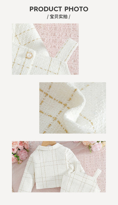 European style Chanel style girls suspender suit lapel long-sleeved coat plaid children's autumn French two-piece dress