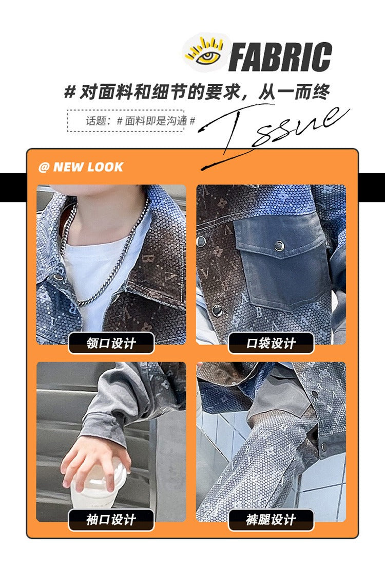 New style medium and large children's handsome street boy style denim two-piece suit