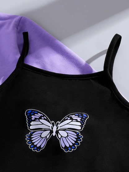 Girls long-sleeved short blouse sweatshirt suspender dress set