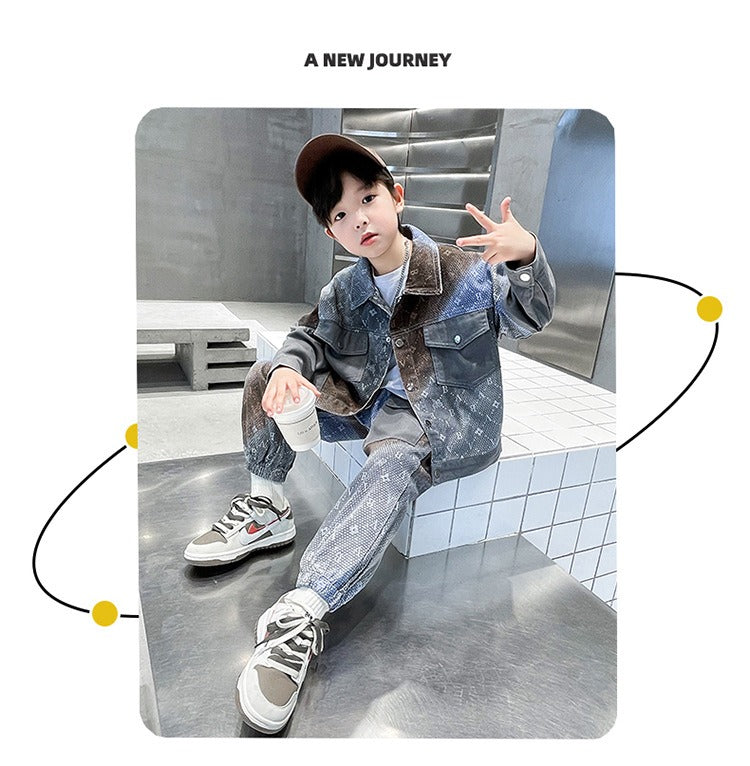 New style medium and large children's handsome street boy style denim two-piece suit