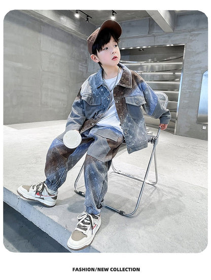 New style medium and large children's handsome street boy style denim two-piece suit