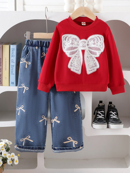Autumn and winter new children's wine red long-sleeved sweatshirt + trousers set