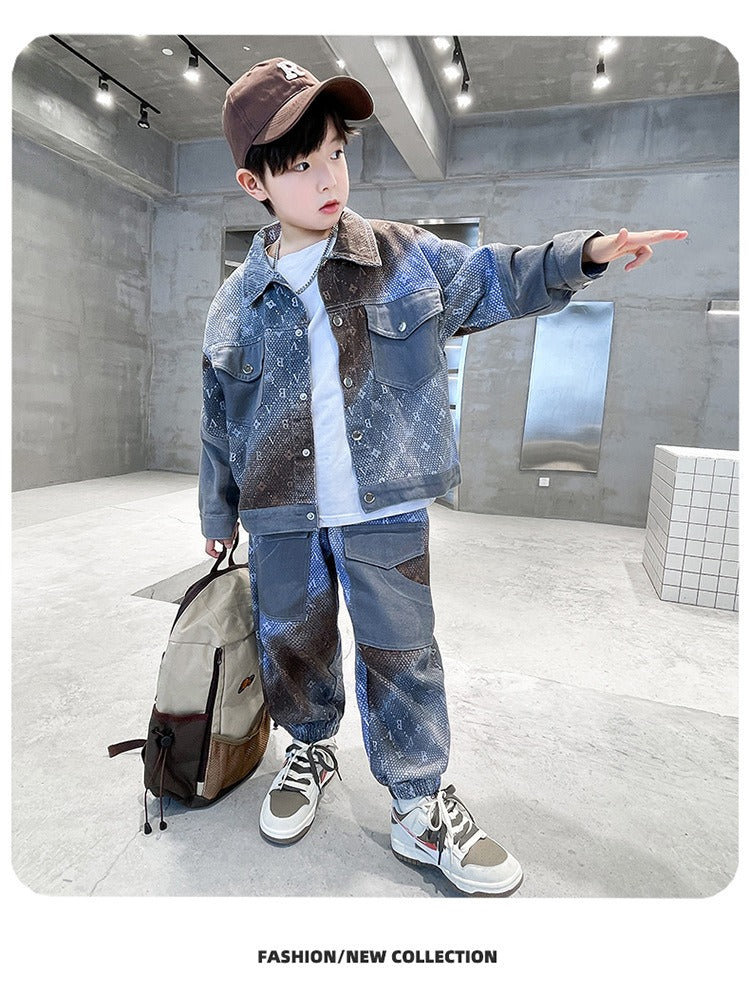 New style medium and large children's handsome street boy style denim two-piece suit