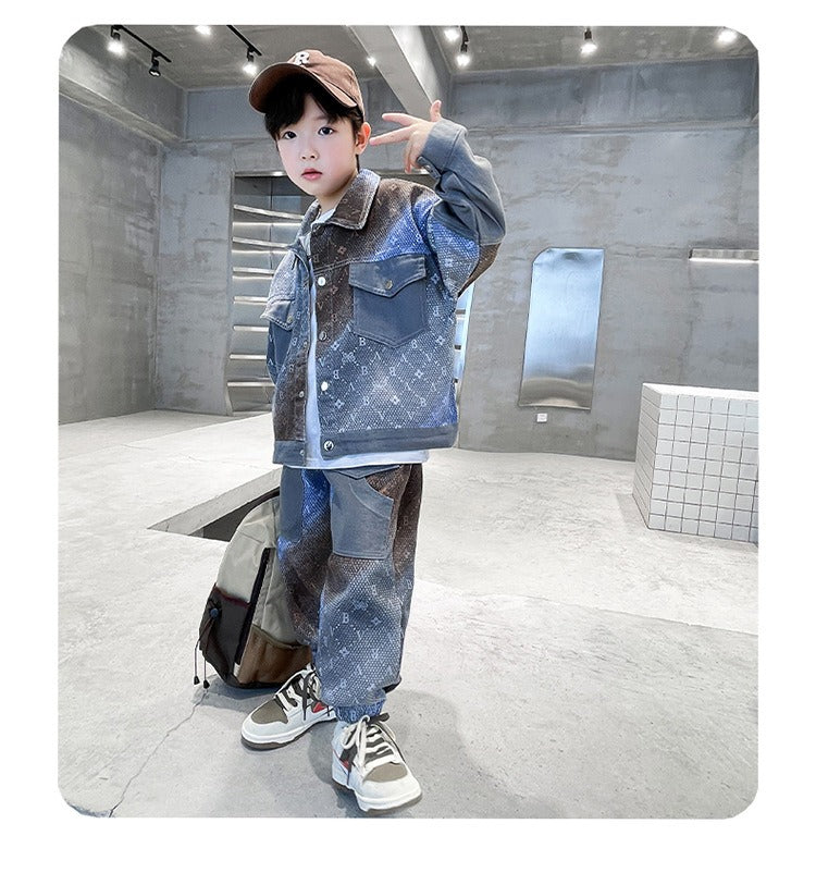 New style medium and large children's handsome street boy style denim two-piece suit