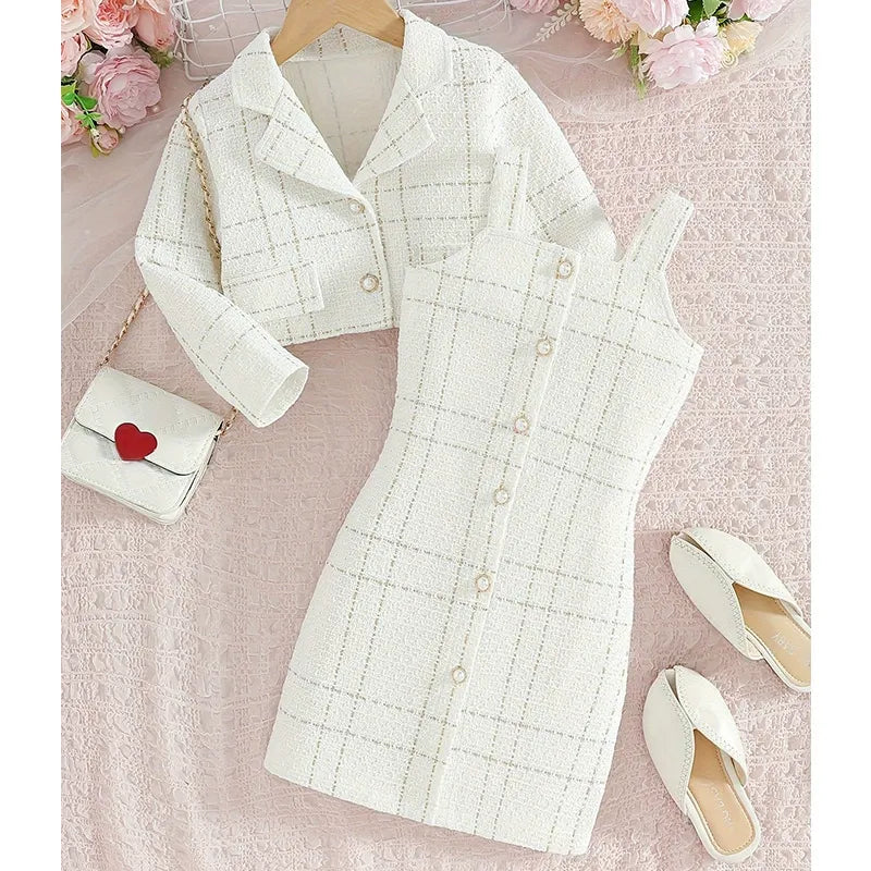 European style Chanel style girls suspender suit lapel long-sleeved coat plaid children's autumn French two-piece dress