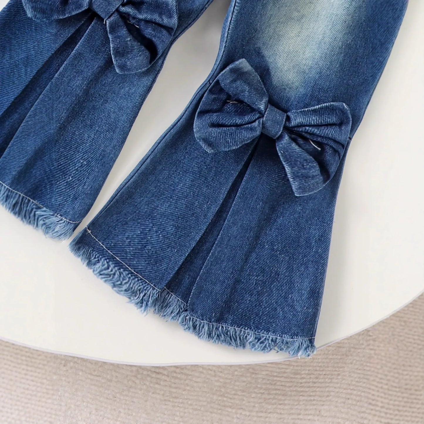 Girl suits with bow prints, long sleeves and flared pants, two-piece set