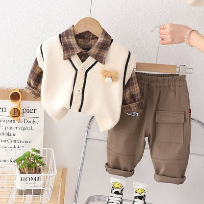 Children's knitted sweater vest cardigan three-piece set boys and girls baby cartoon shirt set