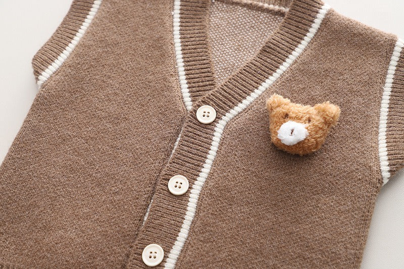 Children's knitted sweater vest cardigan three-piece set boys and girls baby cartoon shirt set