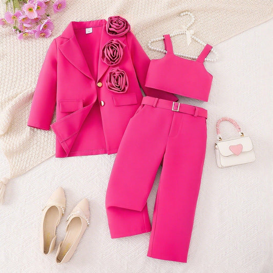 Three-dimensional Flower Suit Jacket Tank Top Trousers Multi-piece Set