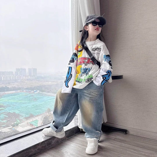 Girls' ripped jeans spring and autumn children's casual Set