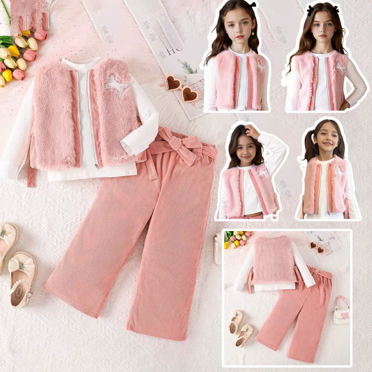 children's girls suit solid color inner wear + plush zipper vest + trousers fashionable suit